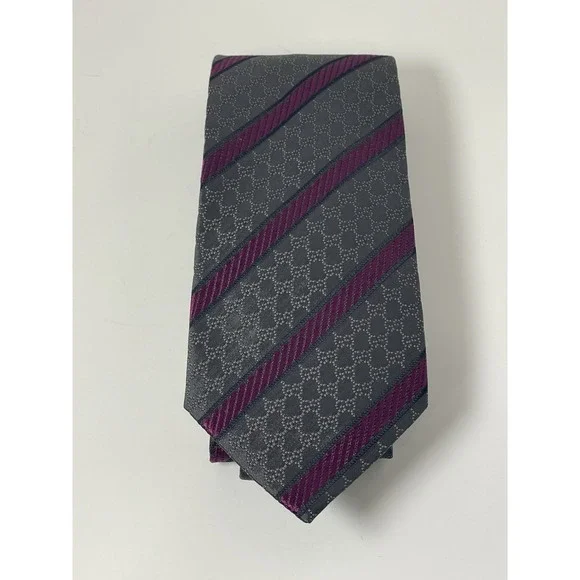 Gucci 100% Silk Tie Gray Purple GG Monogram Stripe Italy Crest Logo Designer - Picture 13 of 16